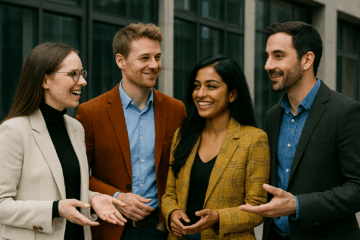 Young Professionals im Gespräch vor Bürogebäude