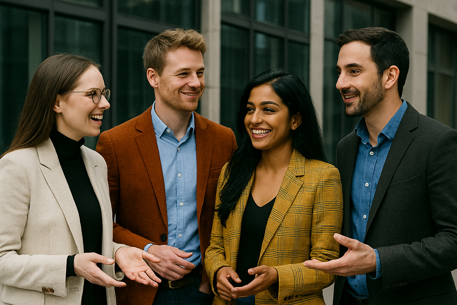 Young Professionals im Gespräch vor Bürogebäude